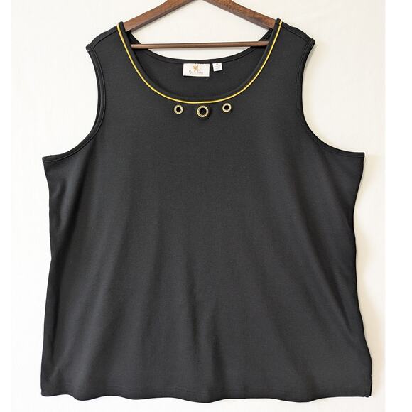 Quacker Factory Womens 3X Tank Top Black Gold Trim Rhinestone Grommet‎ Stretch - Picture 1 of 6